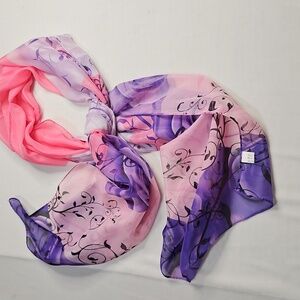 Women's Purple Pink Floral Silky Rectangular Scarf NWOT Neck Scarf Wrap Roses